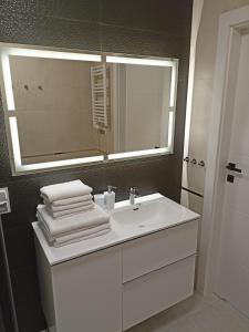 a bathroom with a white sink and a mirror at Apartament Baltic Garden Sztutowo in Sztutowo