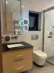 ein Badezimmer mit einem Waschbecken, einem WC und einem Spiegel in der Unterkunft Luxury villa - in Golden Circle - Freyjustíg 13 Selfoss in Búrfell