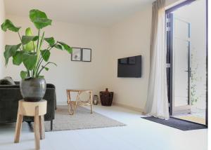 een woonkamer met een potplant op een stoel bij Zilt aan Zee in Egmond aan Zee