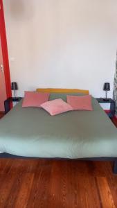 un letto verde con cuscini rosa su un pavimento in legno di L eau vive a Pontaix