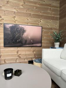 uma sala de estar com uma televisão numa parede de madeira em Rindabotten Panorama em Sogndal