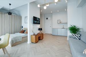 une chambre avec un lit et un canapé dans l'établissement Apartament w sercu Wrocławia, garaż, 5min do Rynku, à Wrocław