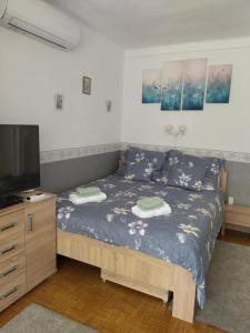 a bedroom with a bed and a flat screen tv at Jegenye Vendégház in Balatonfüred