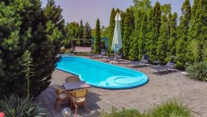 a swimming pool in a yard with chairs and an umbrella at APARTHOTEL Panoramis Residence in Oradea
