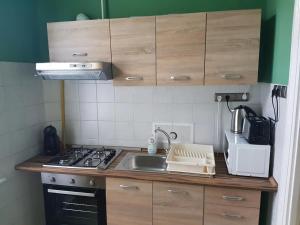 a kitchen with a sink and a stove top oven at Stylish historic flat for 4 in heart of OldBuda in Budapest