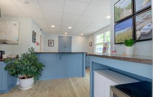 奧甘奎特的住宿－Studio East Motel，一间办公室,里面装有蓝色的柜台和盆栽植物