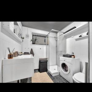 een badkamer met een wasmachine en een wastafel bij Northern Light Tromsø in Tromsø