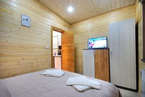 a bedroom with a bed with a television in it at La Kuburi in Slănic-Moldova