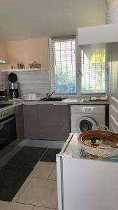 a kitchen with a washing machine and a dishwasher at Chez Sabine et Pascal in Meyzieu
