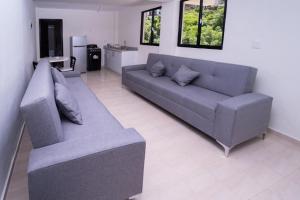 sala de estar con sofá gris y 2 almohadas en Hotel porto escondido en Santa Bárbara de Samaná