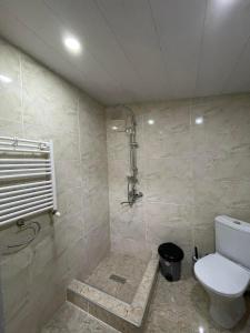a bathroom with a toilet and a shower at Hotel Shina in Stepantsminda