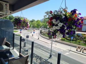 a view of a street with flowers hanging from a balcony at Garsoniera Adriana in Mangalia