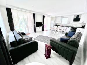 a living room with two couches and a kitchen at Villa Osman Ağa Müstakil Göcek Sıralıbük Villaları in Dalaman