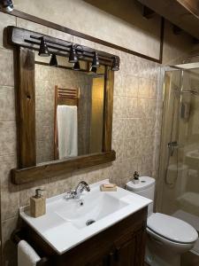 W łazience znajduje się umywalka, toaleta i lustro. w obiekcie La CasuKa VUT Fabero w mieście Fabero