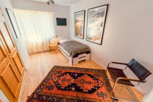 sala de estar con cama y alfombra en Casa Nonna, en Lenzerheide