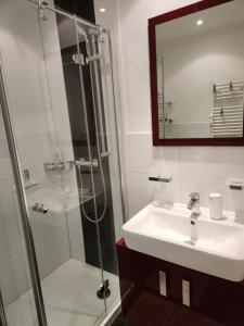 een badkamer met een wastafel en een douche bij Seeburg in Scharbeutz