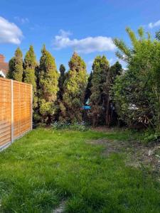 a yard with a fence and a bunch of trees at Bright and Cosy house with 3 bedroom 3 bathrooms in Bournemouth