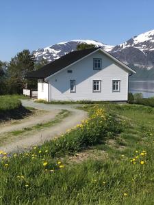 a white house on the side of a road with flowers at Heggelund in Svensby