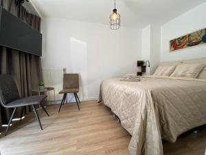 1 dormitorio con 1 cama, mesa y sillas en Hotelkamer Prinsenstraat with Free Parking en Groningen