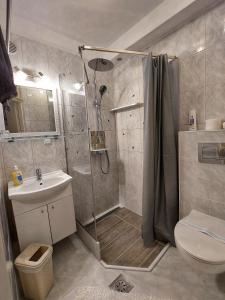 ein Bad mit einer Dusche und einem Waschbecken in der Unterkunft Apartments Dumic Crikvenica in Crikvenica