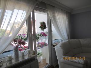 sala de estar con ventana con flores y sofá en Apartament Świnoujście, en Świnoujście