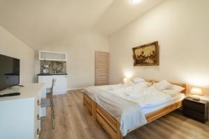 sypialnia z dużym łóżkiem i kuchnią w obiekcie Pensjonat Urszuli 89-606 Charzykowy ul Turystyczna 39 w Charzykowach