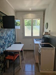 uma cozinha com uma mesa e uma mesa e cadeiras em Appartement indépendant dans maison avec jardinet, au calme em Sérézin-du-Rhône