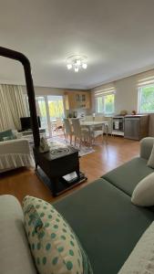 Macka的住宿－Hamsiköy Dağ Evi，带沙发的客厅和用餐室