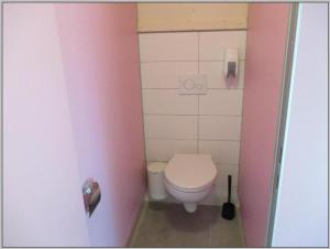 a bathroom with a toilet and a pink wall at Baumzeltdorf OSTSEEBREEZE direkt am Strand in Dranske