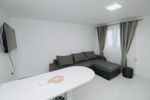 ein Wohnzimmer mit einem Sofa und einem TV in der Unterkunft Apartmani Otašević in Kladovo