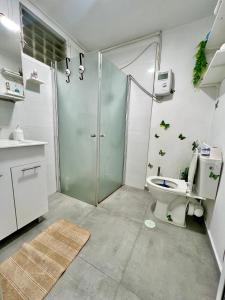 ein Bad mit einer Dusche, einem WC und einem Waschbecken in der Unterkunft Beautiful design Studio in Rischon LeZion