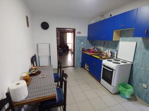 a kitchen with a table and a stove and blue cabinets at Vila Ljubomir - Srebrno Jezero in Kisiljevo