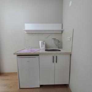 Il comprend une petite cuisine blanche avec un évier et un four micro-ondes. dans l'établissement Newsuit2023, à Trabzon