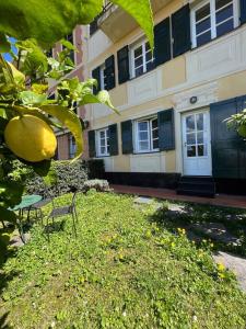 a building with a bench in the grass in front of it at La Riva in Camogli