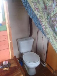 a bathroom with a white toilet in a room at Los Aventureros in Samaipata