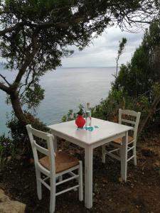 a white table with two chairs and a vase on it at TerraOliva&herbs in Vátos