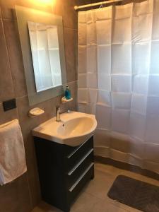 ein Bad mit einem Waschbecken und einem Spiegel in der Unterkunft Alojamiento Ruca wenüy dpto 01 in San Carlos de Bariloche