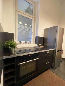 eine Küche mit einem Kühlschrank aus Edelstahl und einem Fenster in der Unterkunft Alice Apartment in Budapest