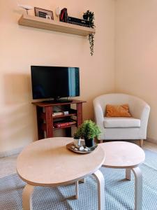 ein Wohnzimmer mit 2 Tischen und einem TV in der Unterkunft Chambre de Molina in Málaga