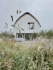 a house with a thatched roof on top of a field at Cisowy Zakątek in Sasino