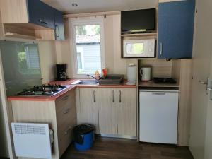 a small kitchen with a stove and a microwave at Mobile Home ~ Parc des Roches in Saint-Chéron
