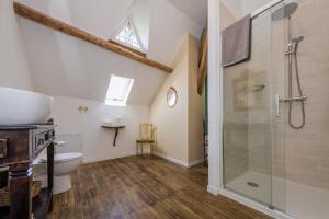 a bathroom with a shower and a toilet at Villa Verte in Saint-Mathieu