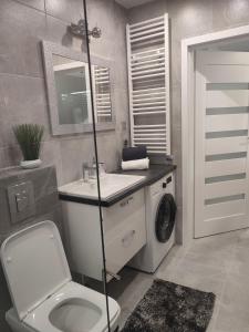 a bathroom with a toilet and a sink and a washing machine at Luksusowy Apartament EDITH Giżycko in Giżycko