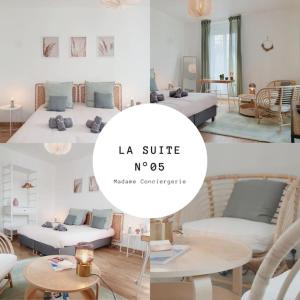 La Suite N°05 par Madame Conciergerie في رين: مجموعة من الصور لغرفة معيشة بها سريرين