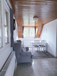 a living room with a couch and a table at Summerside Apartman Harkány in Harkány