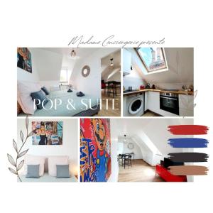 un collage de photos d'une cuisine et d'un salon dans l'établissement Pop & Suite par Madame Conciergerie, à Rennes