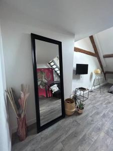 a mirror sitting on the floor in a room at Appartement plein de charme in Coignières