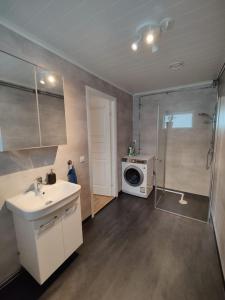 a bathroom with a sink and a washing machine at Gästhus nära naturen in Holmsund