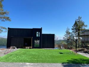 a black house with a green lawn in front of it at VacationNorway in Froland Verk