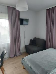 a bedroom with a bed and a couch and a window at Apartament Świerkowa in Lidzbark